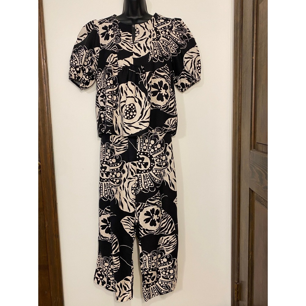 Christian Siriano New York Linen Blend Floral 2 Piece Set Top L Pants XL Black